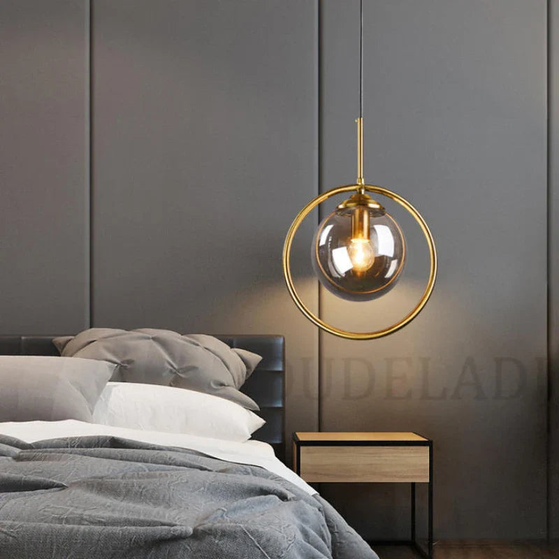 Afralia™ Modern Nordic Metal Ring Glass Ball Pendant Light for Living Room