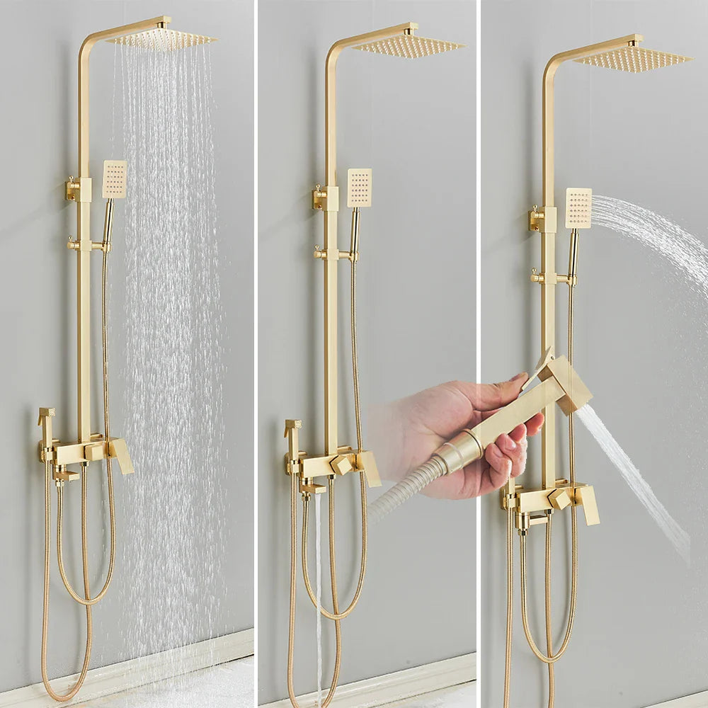 Afralia™ Brushed Gold 4-Way Brass Shower Set with Bidet Mixer Tap