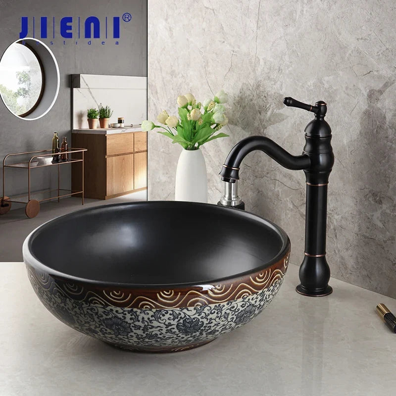 Afralia™ Black Ceramics Sink with Hand-Painted Waterfall Design and Brass Faucet