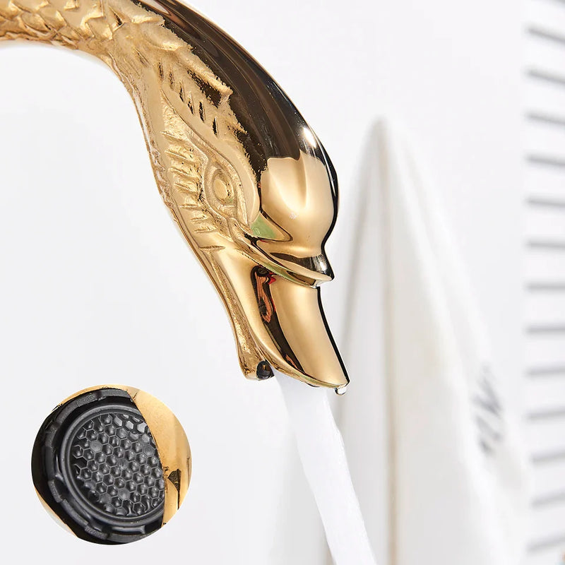 Afralia™ Gold Swan Basin Faucet: Deck Mounted Bathroom Mixer Tap with Hot and Cold Water