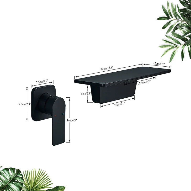 Afralia™ Matte Black Waterfall Sink Faucet Shelf Hot Cold Mixer Taps - Wall Mounted Brass Basin Faucet