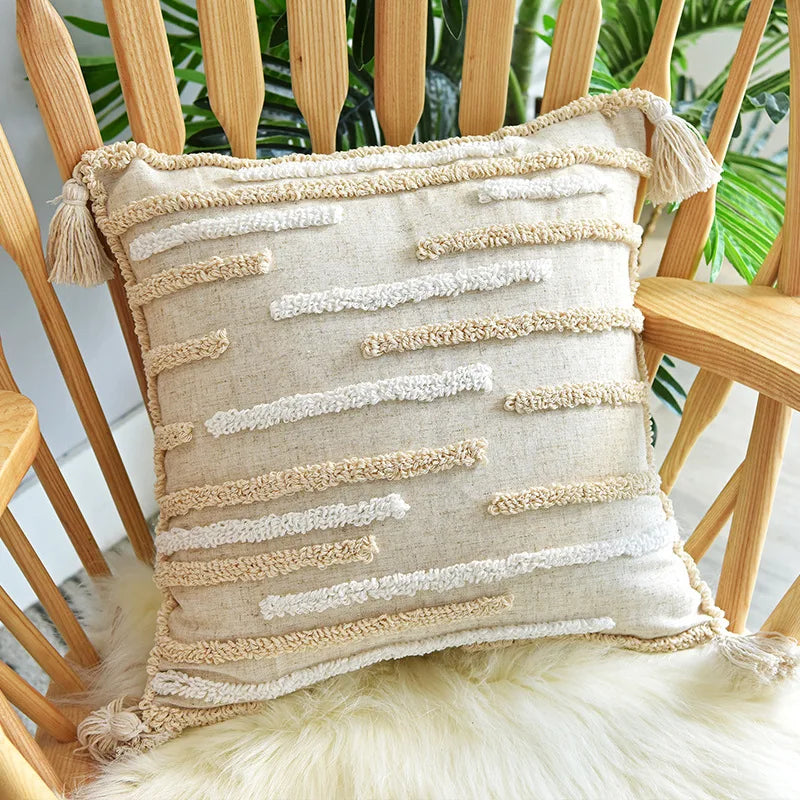 Afralia™ Boho Style Tufted Tassles Cotton Linen Cushion Cover for Home Sofa Bed