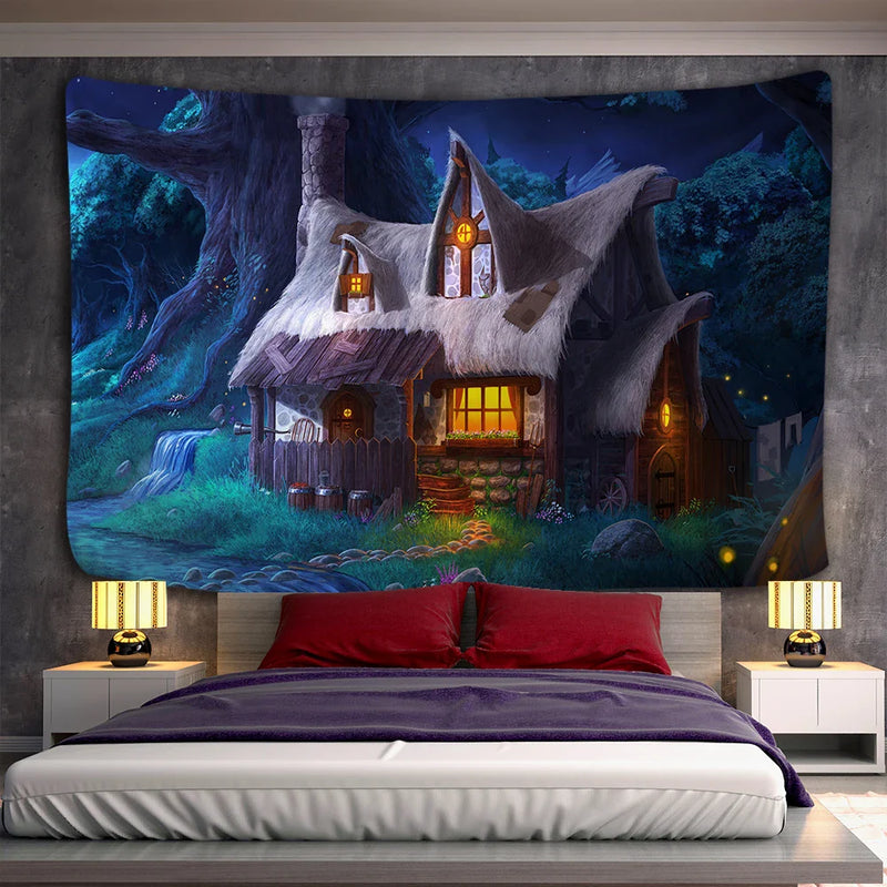 Afralia™ Cabin In The Woods Wall Hanging Tapestry for Home Decor & Halloween Theme