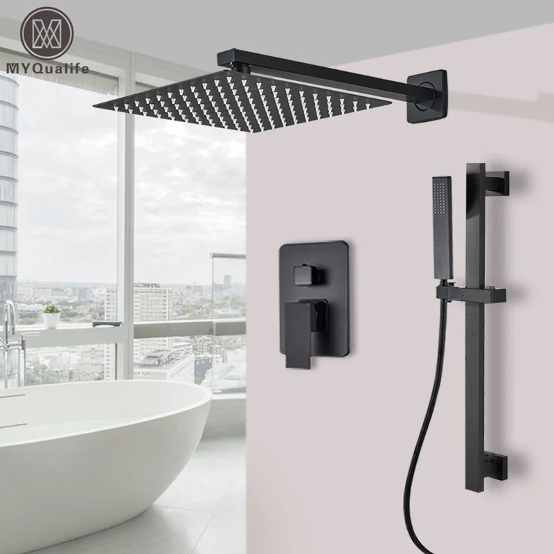 Afralia™ Rainfall Shower with Slider Mixer Tap & Embedded Box Control Valve - Black