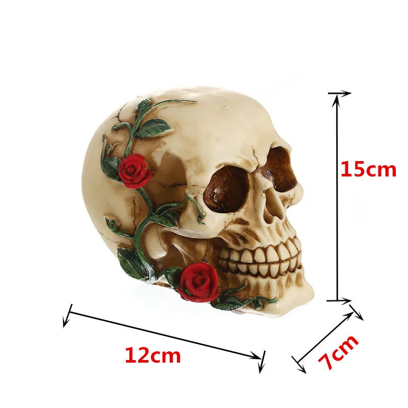 Afralia™ Rose Skull Halloween Decoration Resin Skeleton Head Sculpture Ornament Bar Home Decor