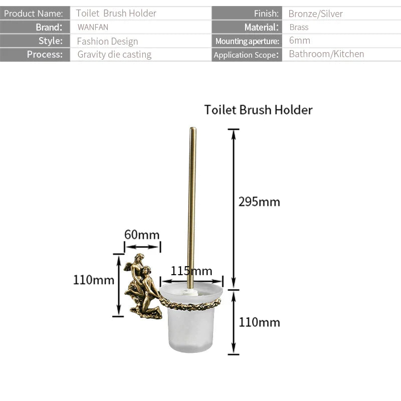 Afralia™ Gold/Silver Romantic Toilet Brush Holder Set with Glass Cup & Brass Handle