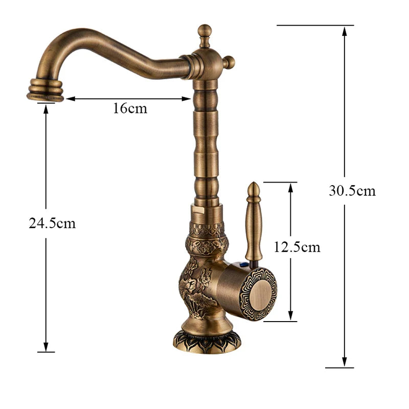 Afralia™ Antique Brass Basin Faucet Long Spout Flower Carved Sink Tap 360 Rotation