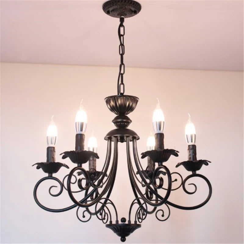 Afralia™ Retro Beige Black Chandelier - American Candle Lamp Iron Suspension Fixtures