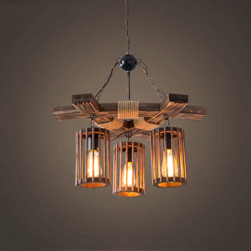 Afralia™ Retro Hemp Rope Chandelier Wood Pendant Light for Bar, Restaurant, Salon