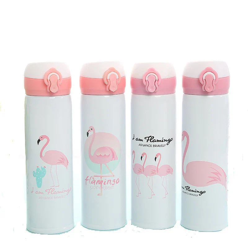 Afralia™ Flamingo Pattern Stainless Steel Insulated Vacuum Flask with Bouncing Lid
