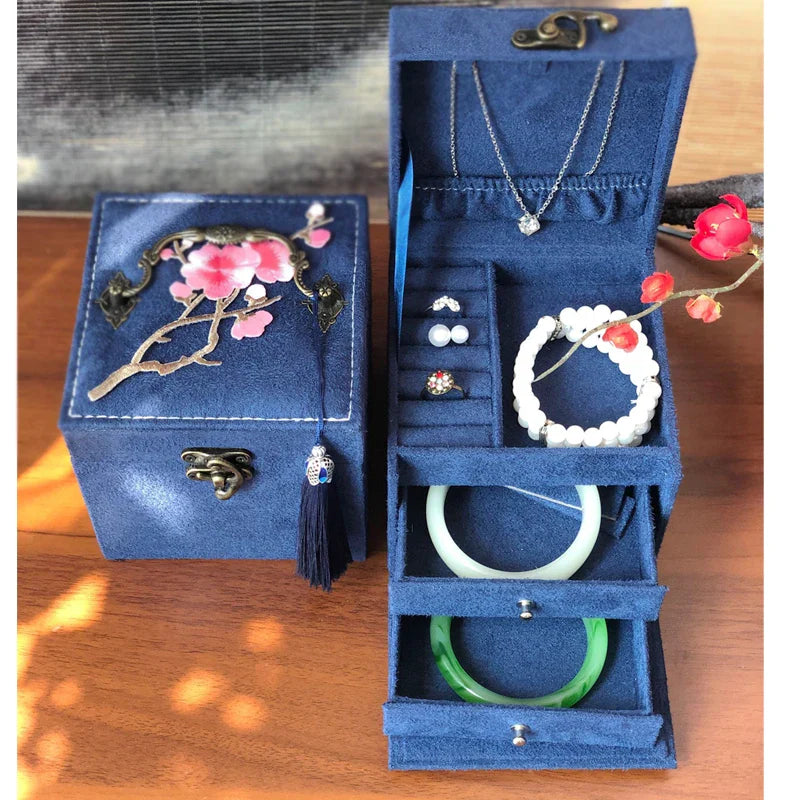 Afralia™ Three-Layer Floral Embroidery Jewelry Organizer & Makeup Box