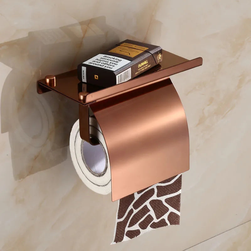 Afralia™ Rose Gold Toilet Paper Holder with Phone Shelf