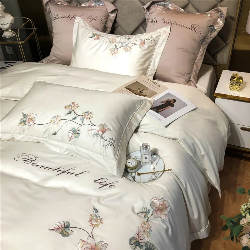 Afralia™ Luxury Bloom Flowers Embroidered Grey White Bedding Set