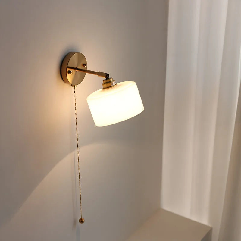 Afralia™ Milk Glass LED Wall Light with Pull Chain Switch for Bedroom & Bathroom