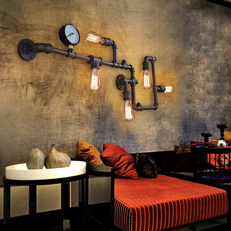 Afralia™ Industrial Water Pipe Wall Lights Iron Rust Retro Wall Sconce Vintage Home Lighting Fixtures