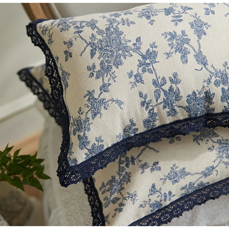 Afralia™ Toile De Jouy French Fashion Linen Pillow Case with Lace Franges