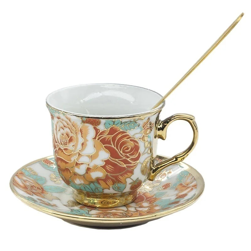 Afralia™ Hand Painted Flower Ceramic Coffee Cup Set Home Kitchen Coffeeware