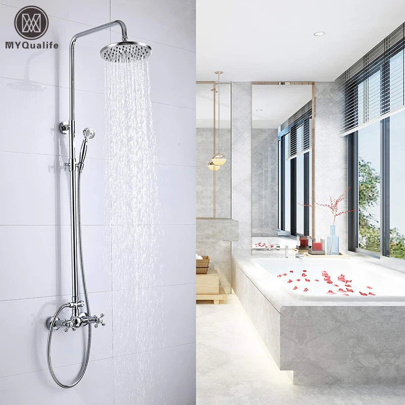 Afralia™ Dual Handle Chrome Brass Shower Mixer System with 8" Rainfall Shower Head