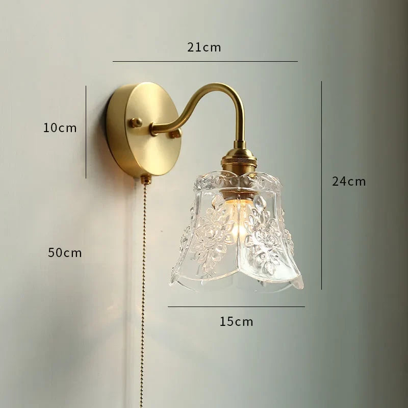 Afralia™ Glass LED Bathroom Mirror Light Pull Chain Copper Wall Sconce