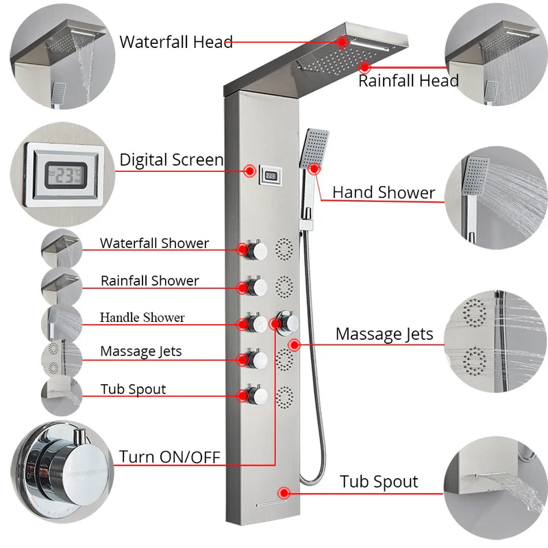 Afralia™ Rainfall Shower Panel Set with Hand Sprayer and Temperature Screen