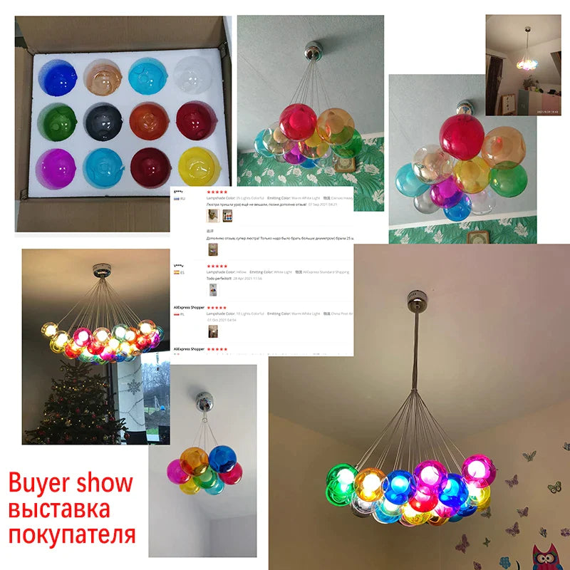 Afralia™ Clear Glass Chandelier with Colorful Sconces, LED Pendant Light for Living Room and Kids Room