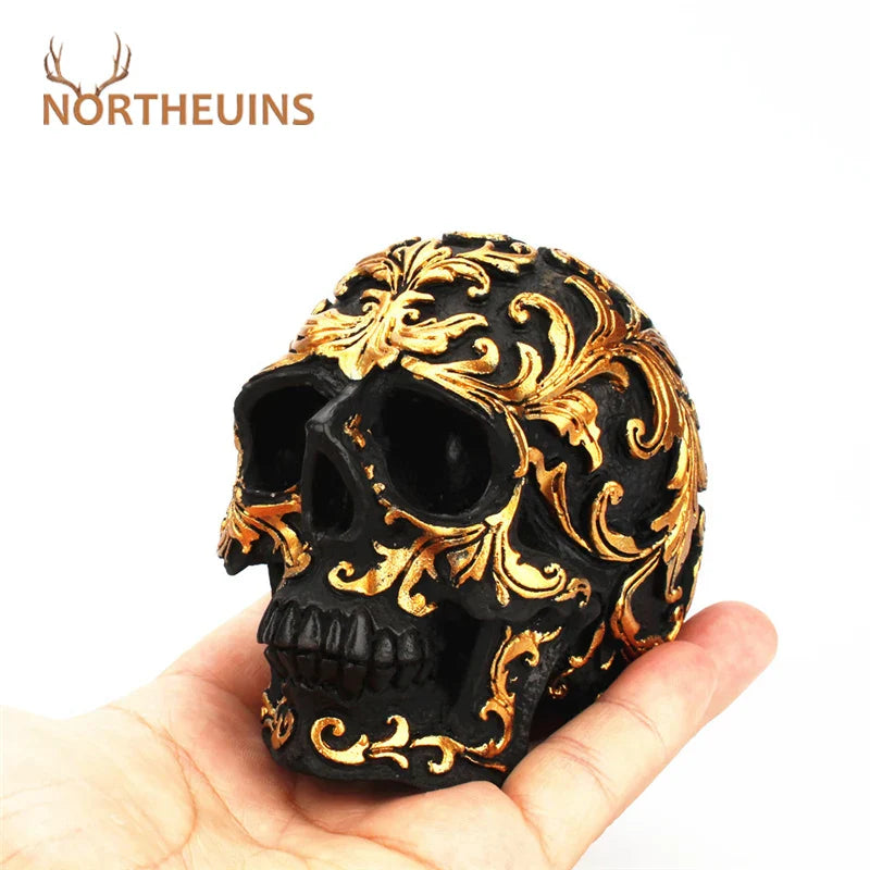 Afralia™ Golden Skeleton Skull Resin Statue Miniatures for Home Office Decor