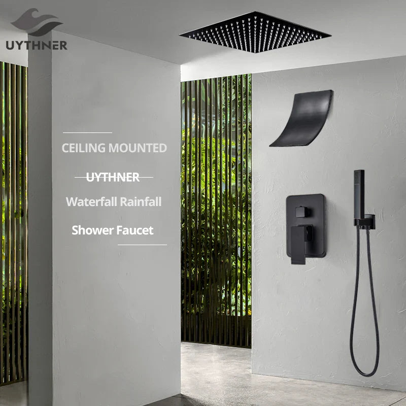 Afralia™ Matte Black Bath Shower Faucet Set, Ceiling Mounted Rainfall Shower Head.