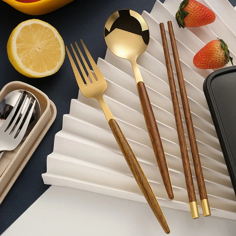 Afralia™ Stainless Steel Wooden Handle Cutlery Set Kitchen Tableware