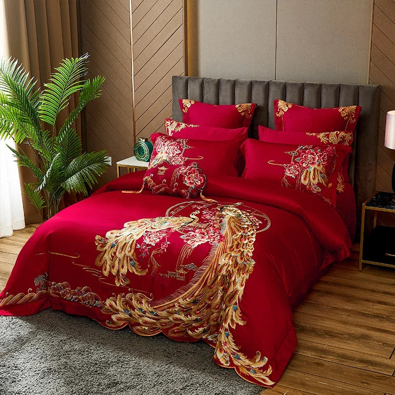 Afralia™ Luxury Gold Phoenix Embroidery Bedding Set, Red Chinese Wedding Style