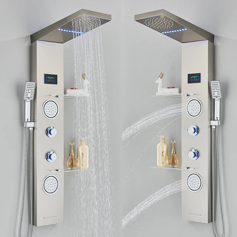 Afralia™ Brushed LED Light Shower Faucet SPA Massage Shower Column Waterfall Panel