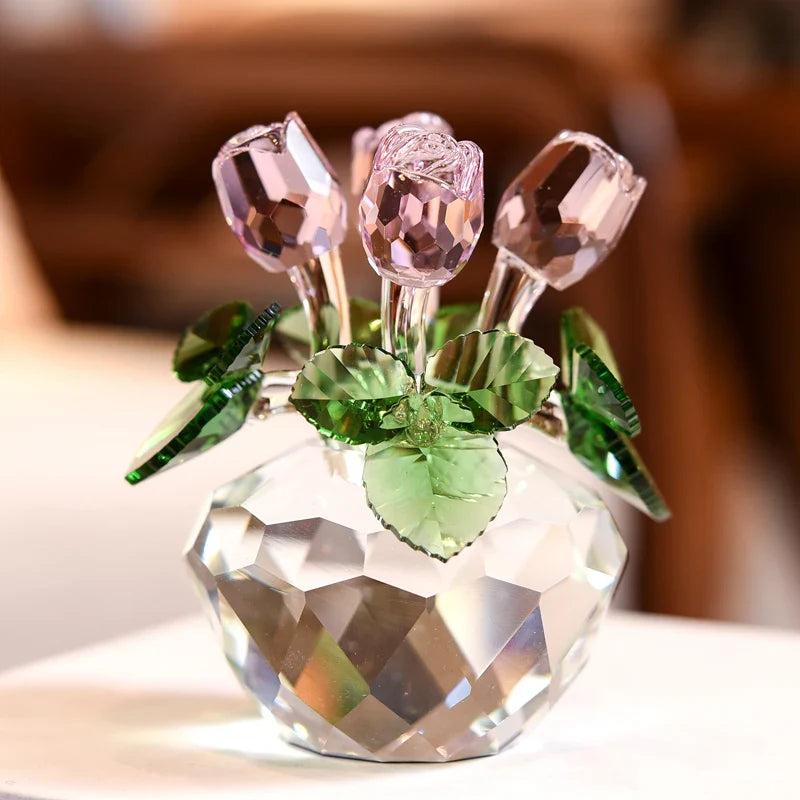 Afralia™ Crystal Rose Flower Dreams Glass Paperweight Bouquet Sculpture