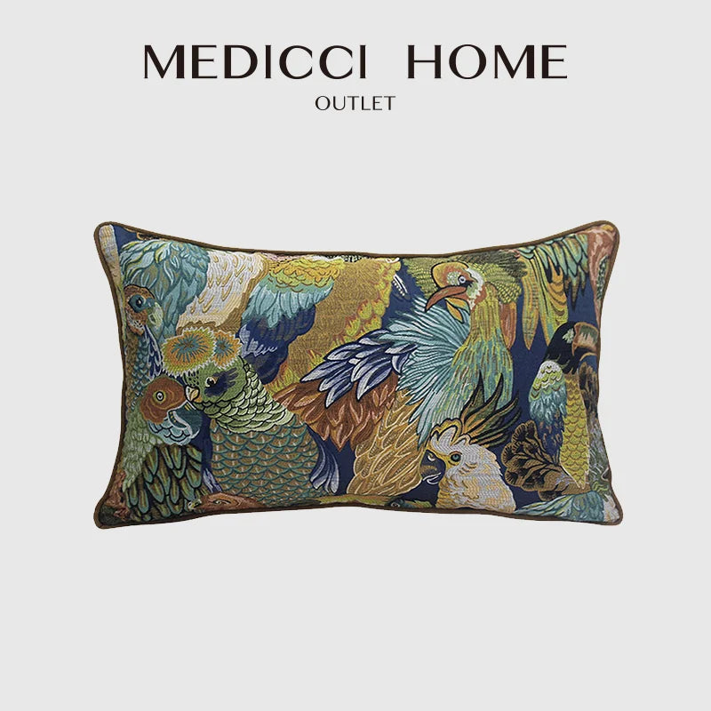 Afralia™ Parrot Birds Embroidered Cushion Cover Lumbar Pillow Case Luxury Style