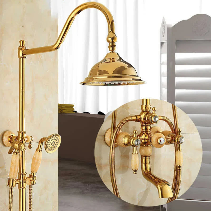 Afralia™ Gold Brass Jade Bath Shower Set Wall Mounted Rainfall Hand Shower Faucet