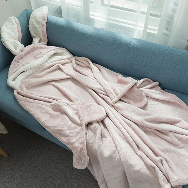 Afralia™ Kawaii Rabbit Hooded Blanket: Coral Velvet Warm Throw Blanket for Adults and Kids