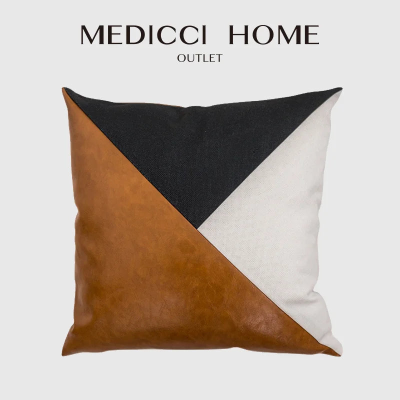 Afralia™ Cognac Leather Cotton Color Block Cushion Cover 45x45cm