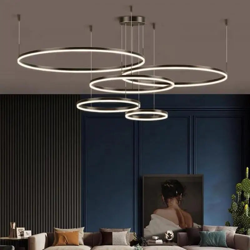 Afralia™ Modern LED Chandelier Brushed Rings Ceiling Mounted Lighting in Black & Coffee