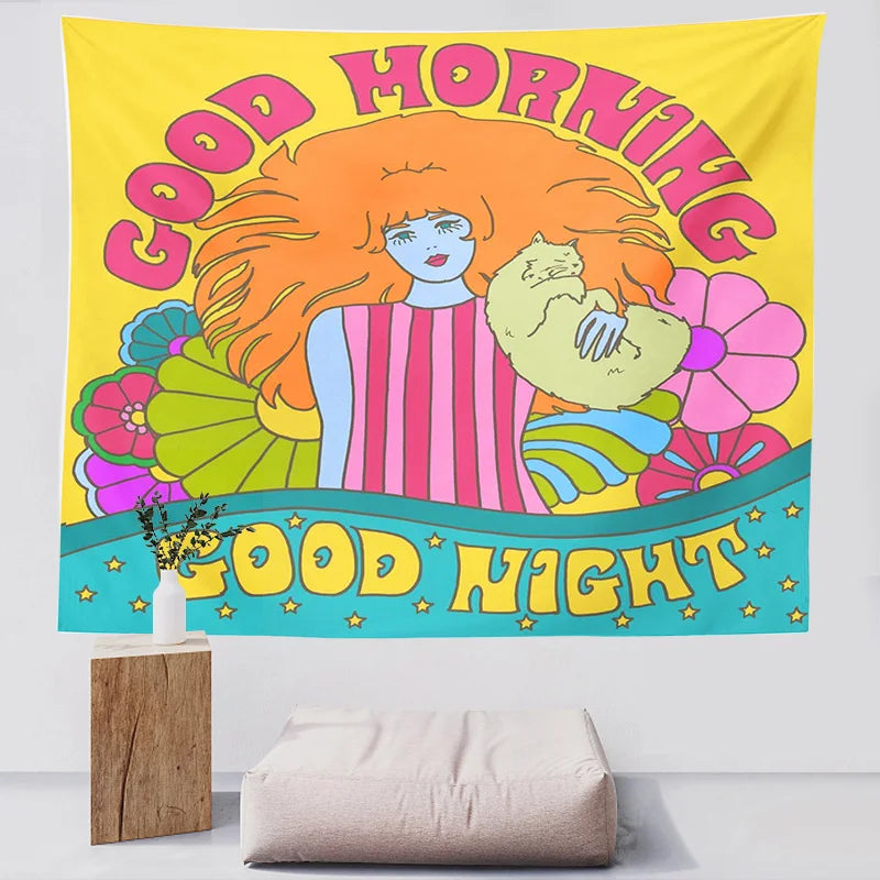 Vintage Cat Girl Tapestry Bohemian Decor by Afralia™