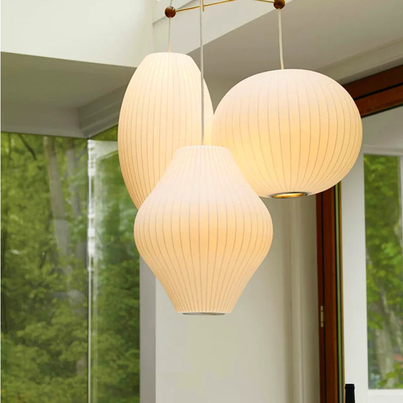 Afralia™ White Silk Cloth Pendant Light Minimalist Design Loft Lantern Nelson Lamp