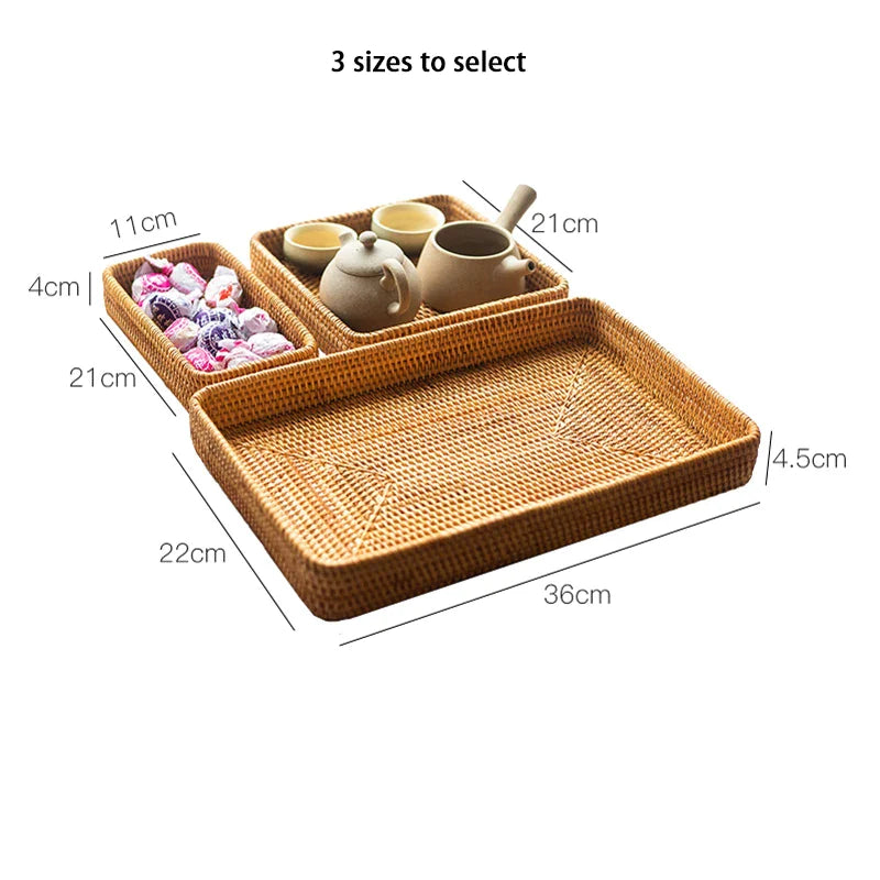 Afralia™ Rattan Storage Tray Square Wicker Basket Food Plate Platter Kitchen Decoration