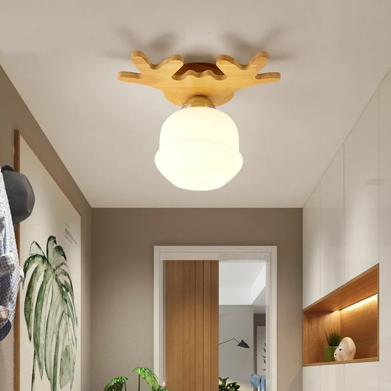 Afralia™ Nordic Wood Antlers Glass Chandelier - Modern Industrial Living Room Ceiling Light