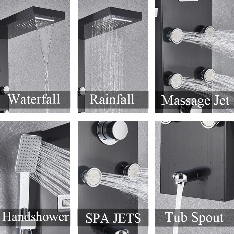Afralia™ Thermostatic Mixer Shower Panel with Rainfall Waterfall Massage Jets - Shower Faucet Tower