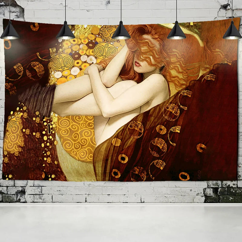 Afralia™ Gold Kiss Oil Painting Tapestry Wall Hanging Art Blanket