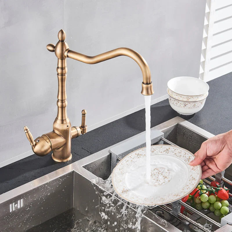 Afralia™ Antique Brass Dual Spout Kitchen Filter Faucet - Hot Cold Mixer Taps
