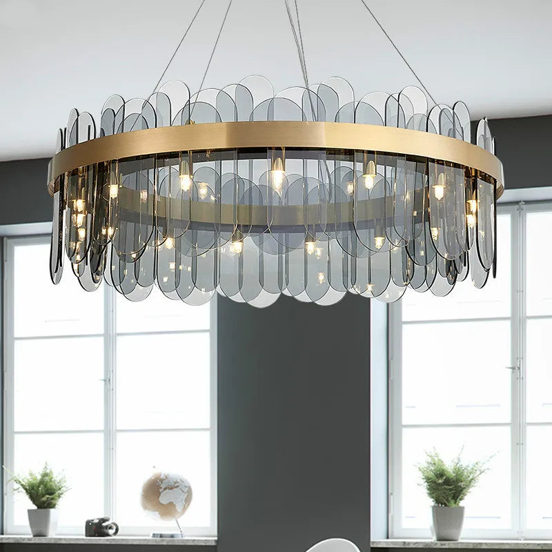 Afralia™ Luxury Gold Metal LED Chandeliers with Adjustable Brightness and Grey/White Glass