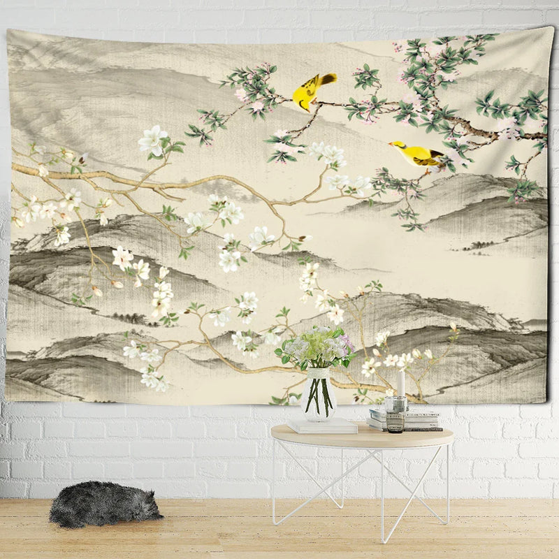 Afralia™ Flower Bird Print Bohemian Wall Tapestry Plum Blossom Art Carpet