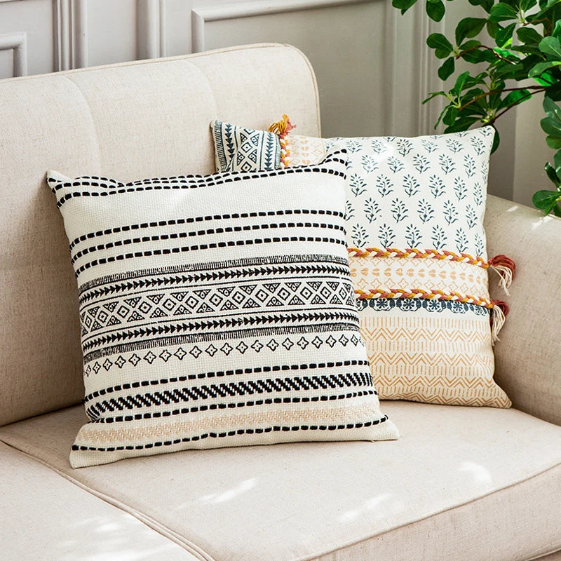 Afralia™ Boho Style Cotton Woven Pillow Cover with Tassels & Pompom - 45x45cm