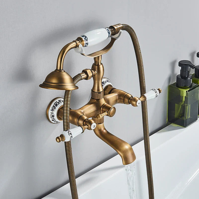 Afralia™ Brass Bathtub Shower Faucet Set with Dual Knobs and Handshower