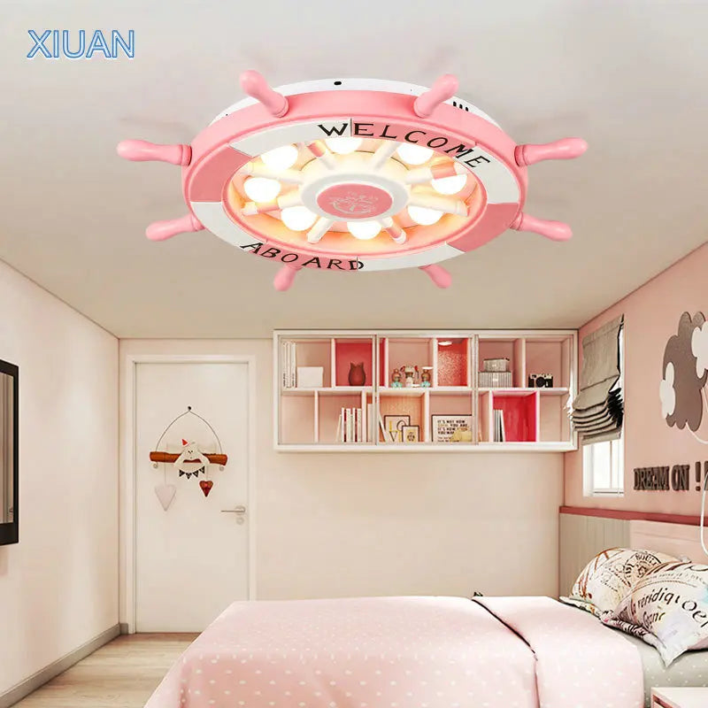 Afralia™ Wooden Rudder Kids Room Chandelier: LED, 3 Color Temp, Pink/Sky Blue.