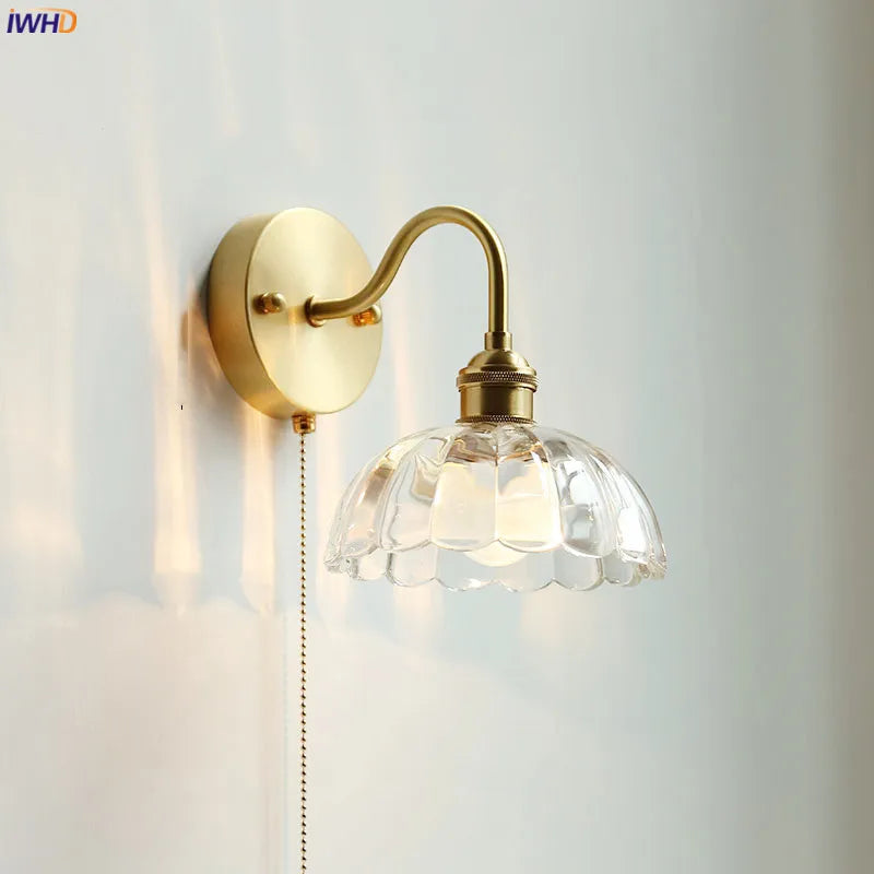 Afralia™ Glass Copper LED Wall Lights with Pull Chain Switch for Home Bedroom Bathroom Mirror