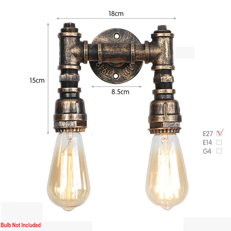 Afralia™ Retro Iron Bronze Water pipe Wall Light E27 Indoor Restaurant Bedroom Lighting